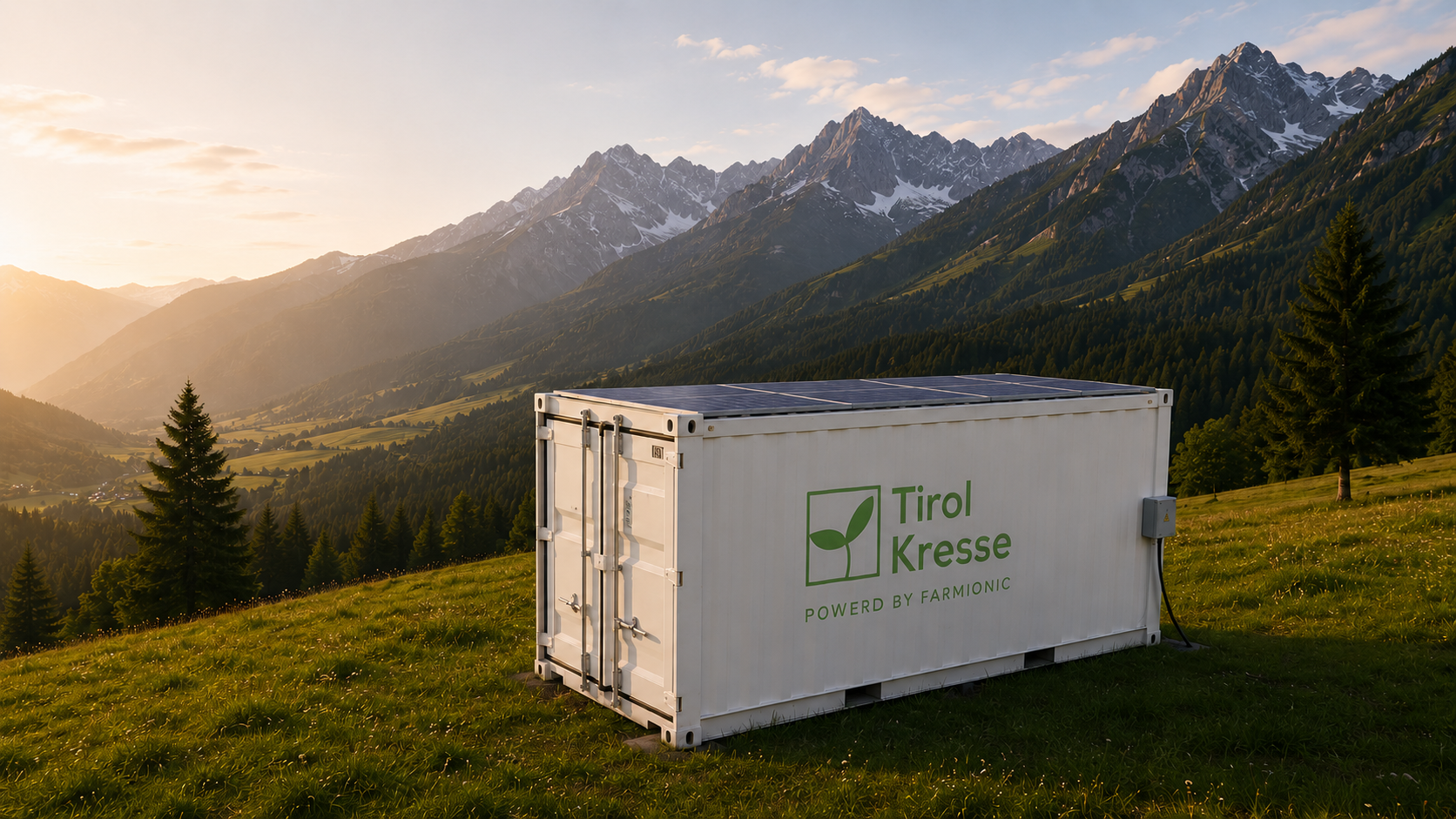 Tirol Kresse Farmcontainer vor Tiroler Bergkulisse